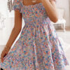 Fashion Sweet Print Split Joint Square Collar Cake Skirt Dresses