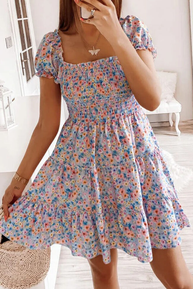 Fashion Sweet Print Split Joint Square Collar Cake Skirt Dresses