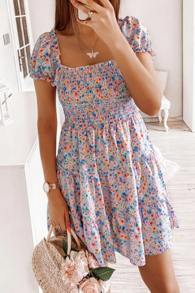 Fashion Sweet Print Split Joint Square Collar Cake Skirt Dresses