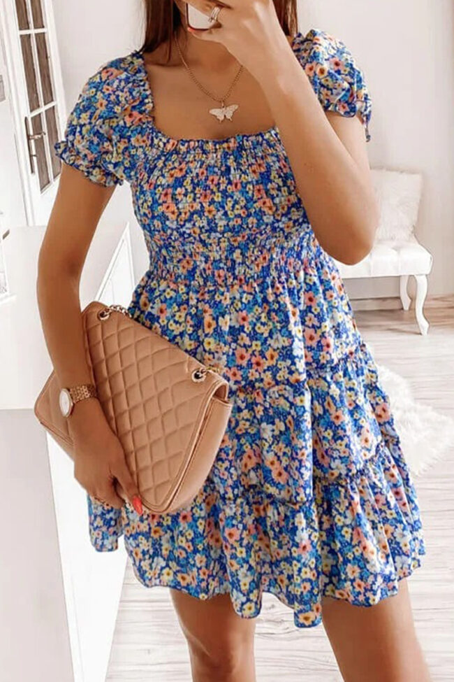 Fashion Sweet Print Split Joint Square Collar Cake Skirt Dresses