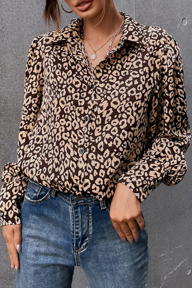 Fashion Street Leopard Split Joint Turndown Collar Tops