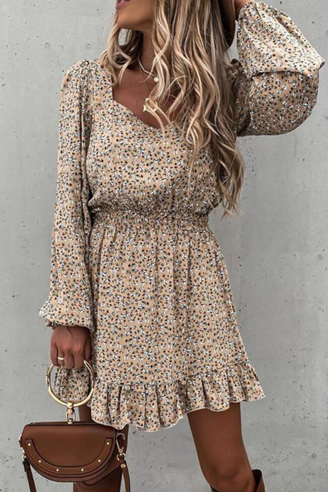 Sweet Print Split Joint Square Collar Waist Skirt Dresses