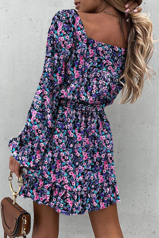 Sweet Print Split Joint Square Collar Waist Skirt Dresses