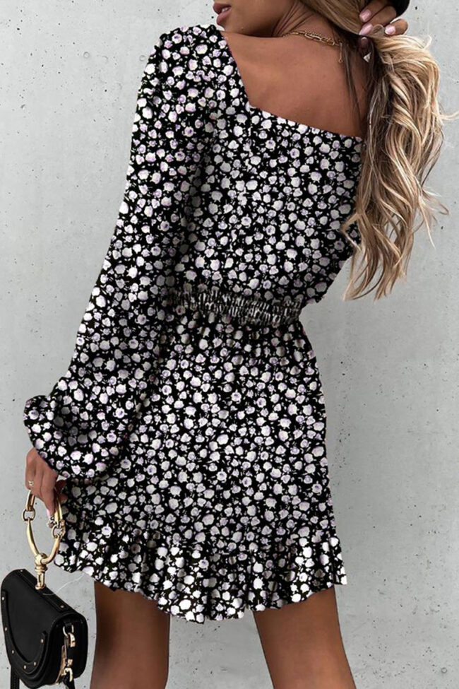 Sweet Print Split Joint Square Collar Waist Skirt Dresses