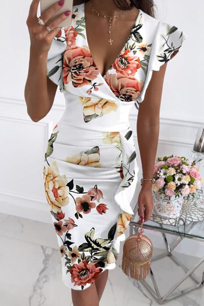 Fashion Street Print Split Joint V Neck Pencil Skirt Dresses