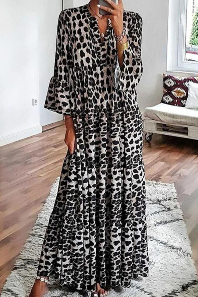 Fashion Street Leopard Split Joint V Neck A Line Dresses