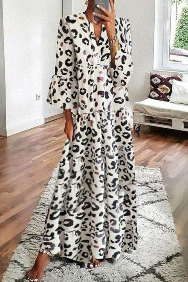 Fashion Street Leopard Split Joint V Neck A Line Dresses