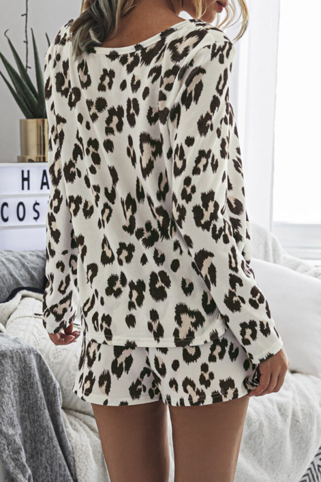 Fashion Street Leopard Split Joint V Neck Long Sleeve Two Pieces
