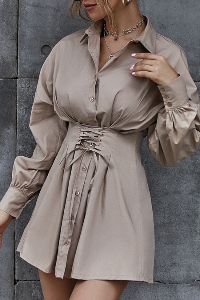 Fashion Street Solid Split Joint Turndown Collar A Line Dresses