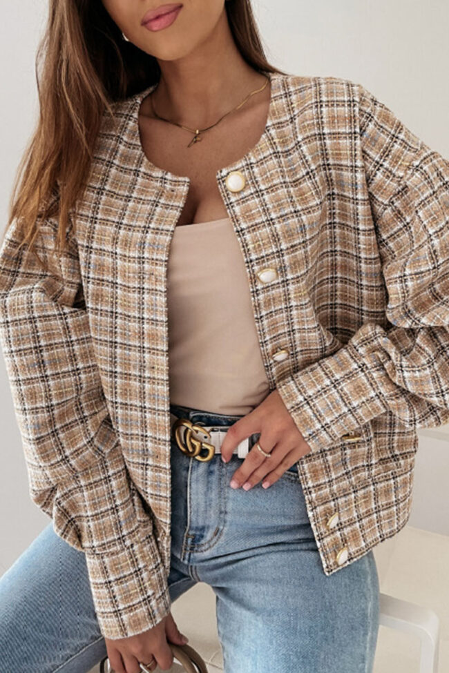 Fashion Street Plaid Split Joint O Neck Outerwear