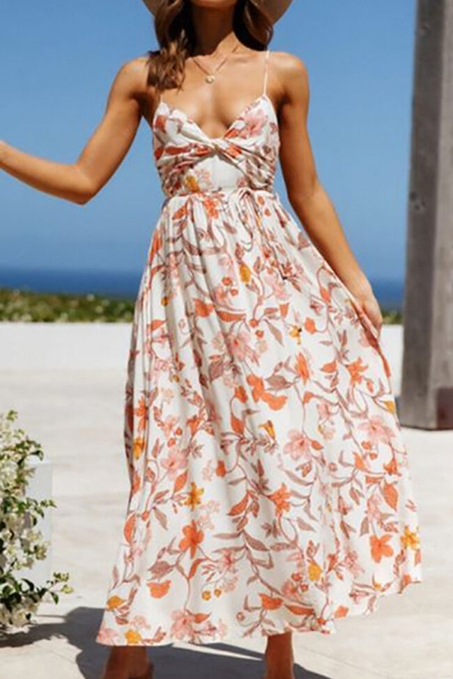 Fashion Sweet Print Split Joint V Neck A Line Dresses