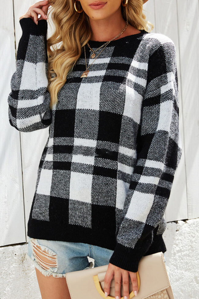 Fashion Street Plaid Split Joint O Neck Tops