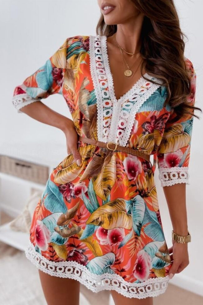 Fashion Sweet Print Split Joint V Neck A Line Dresses