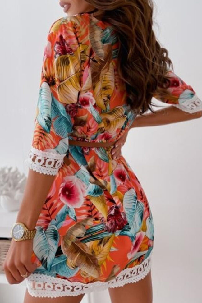 Fashion Sweet Print Split Joint V Neck A Line Dresses