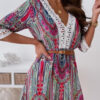 Fashion Sweet Print Split Joint V Neck A Line Dresses