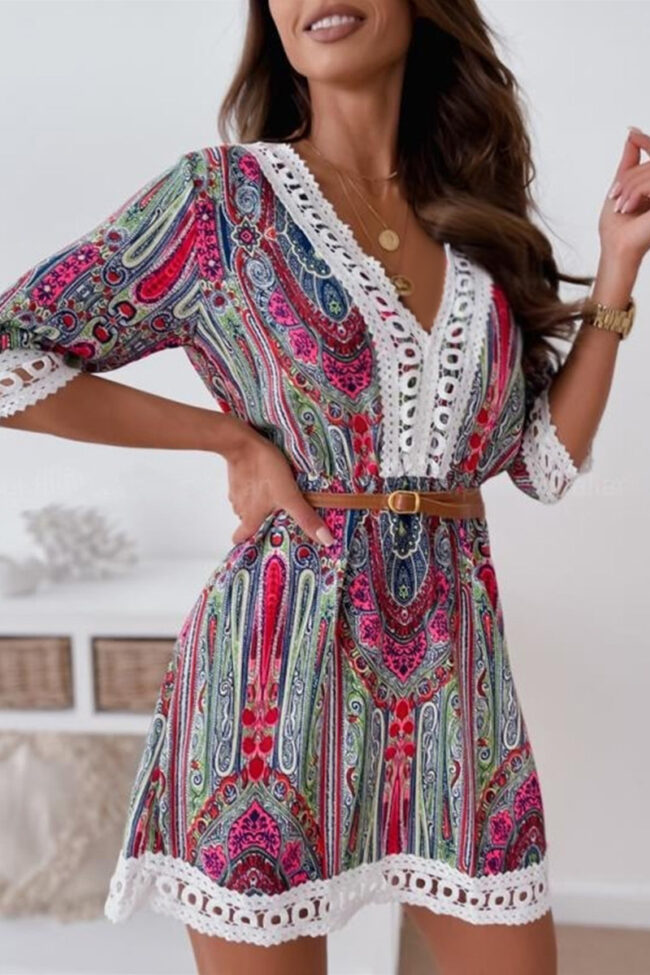 Fashion Sweet Print Split Joint V Neck A Line Dresses