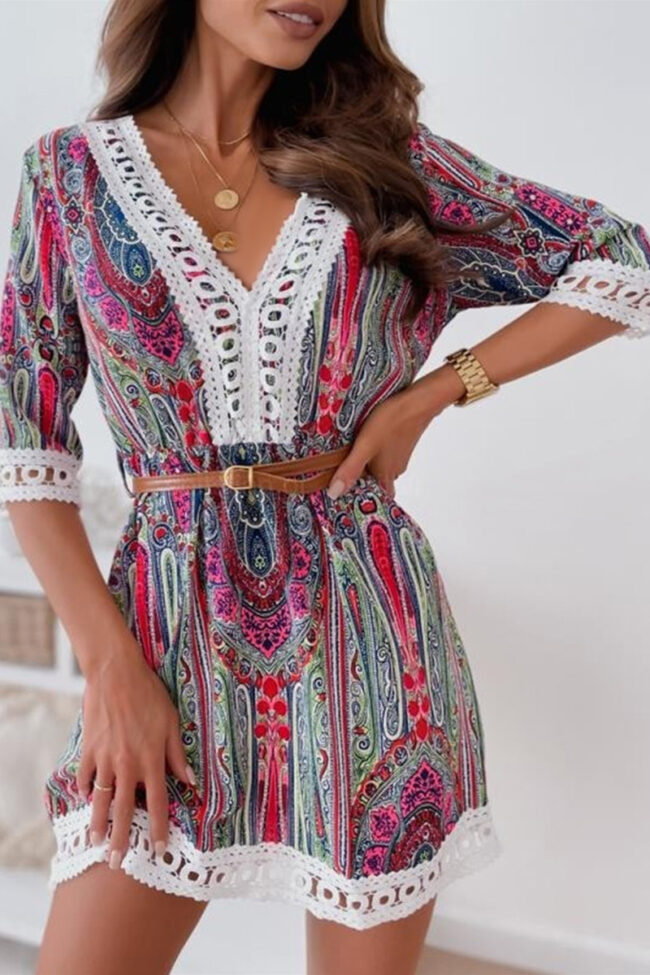 Fashion Sweet Print Split Joint V Neck A Line Dresses