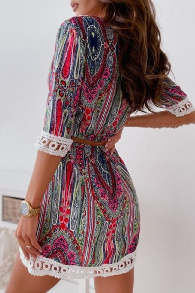 Fashion Sweet Print Split Joint V Neck A Line Dresses