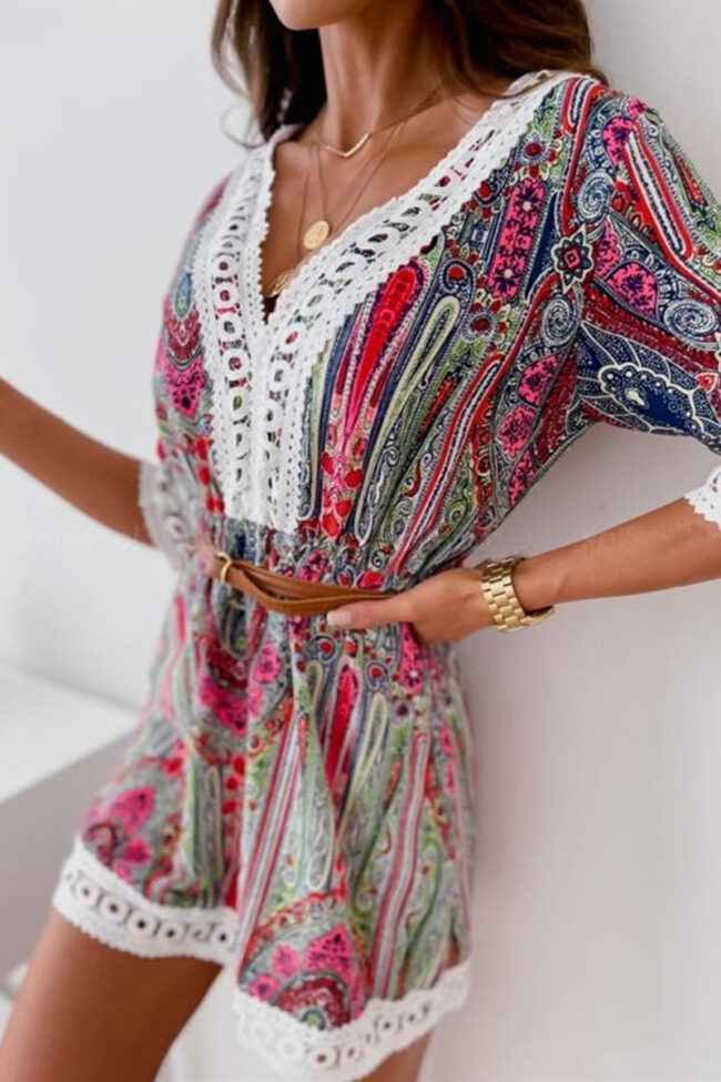 Fashion Sweet Print Split Joint V Neck A Line Dresses