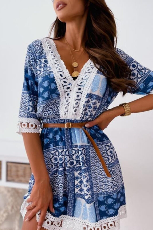 Fashion Sweet Print Split Joint V Neck A Line Dresses