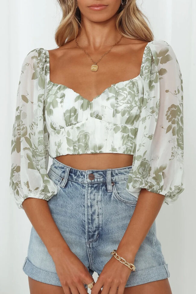 Fashion Street Print Split Joint V Neck Tops