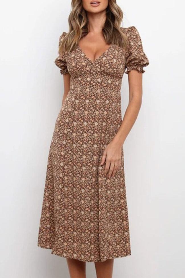 Fashion Sweet Print Split Joint V Neck A Line Dresses