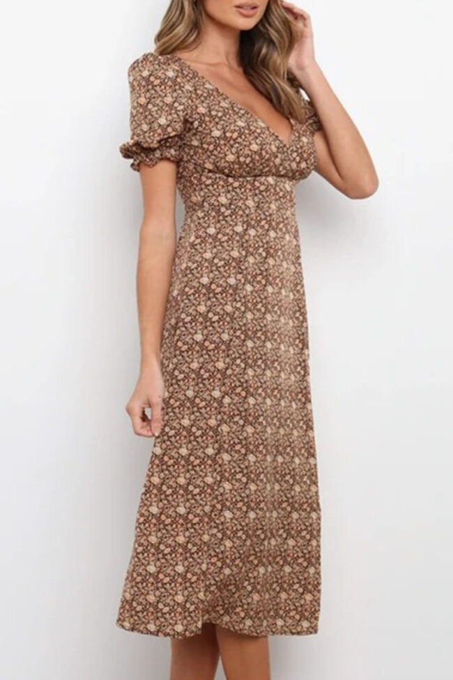 Fashion Sweet Print Split Joint V Neck A Line Dresses