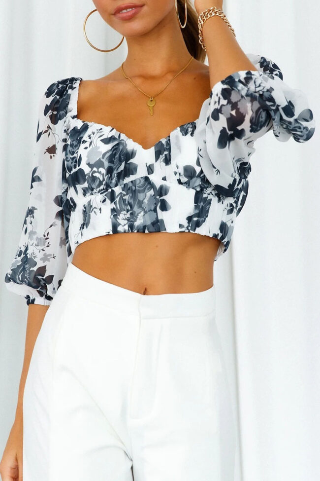 Fashion Street Print Split Joint V Neck Tops