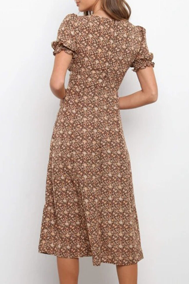 Fashion Sweet Print Split Joint V Neck A Line Dresses