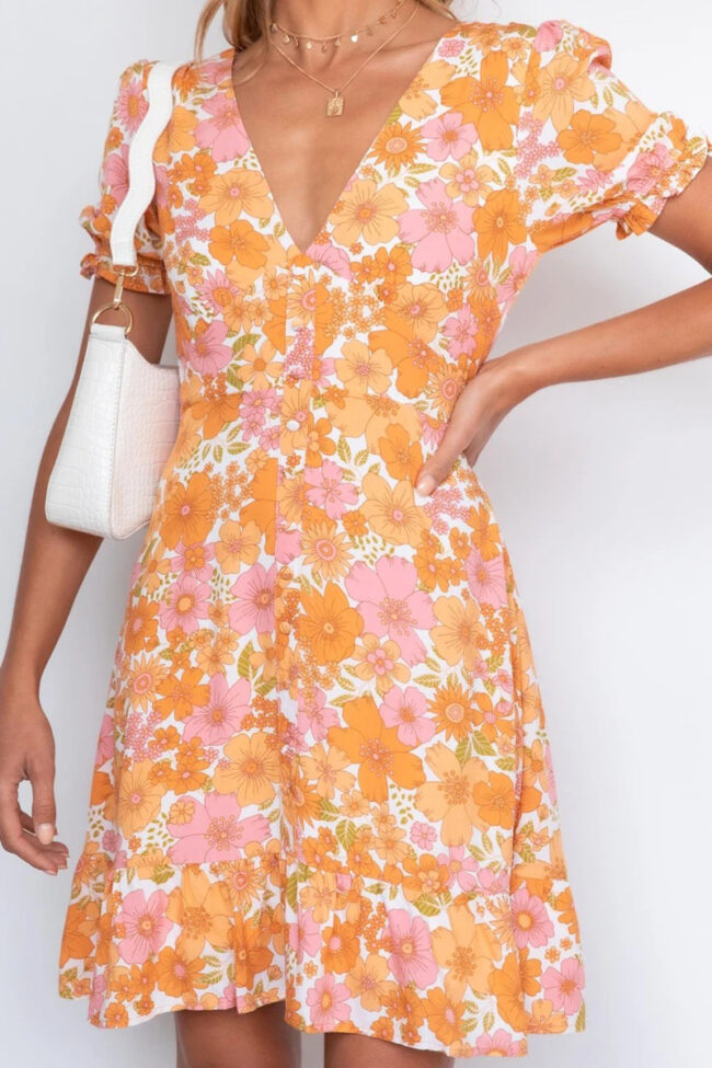 Fashion Sweet Print Split Joint V Neck A Line Dresses