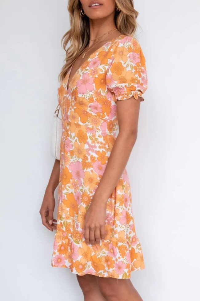 Fashion Sweet Print Split Joint V Neck A Line Dresses