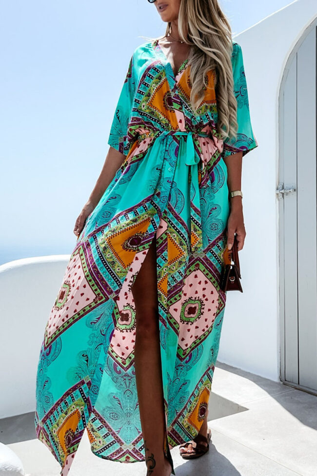 Fashion Sweet Print Split Joint V Neck A Line Dresses