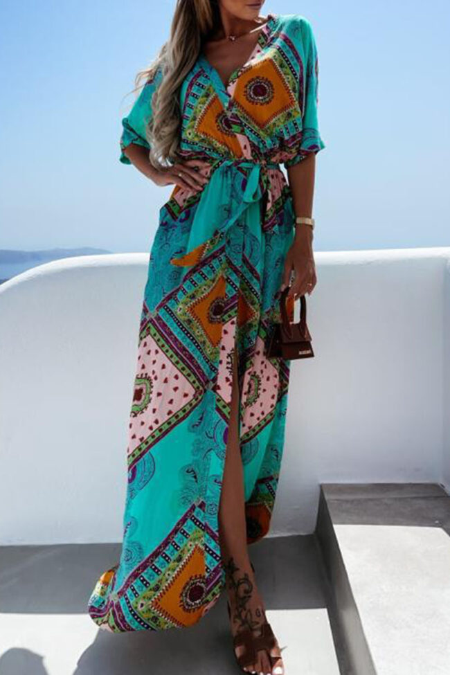 Fashion Sweet Print Split Joint V Neck A Line Dresses