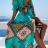 Fashion Sweet Print Split Joint V Neck A Line Dresses