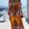 Fashion Sweet Print Split Joint V Neck A Line Dresses