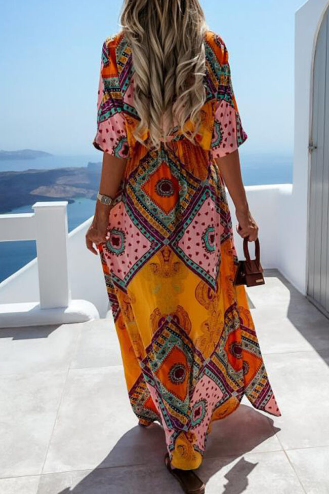 Fashion Sweet Print Split Joint V Neck A Line Dresses