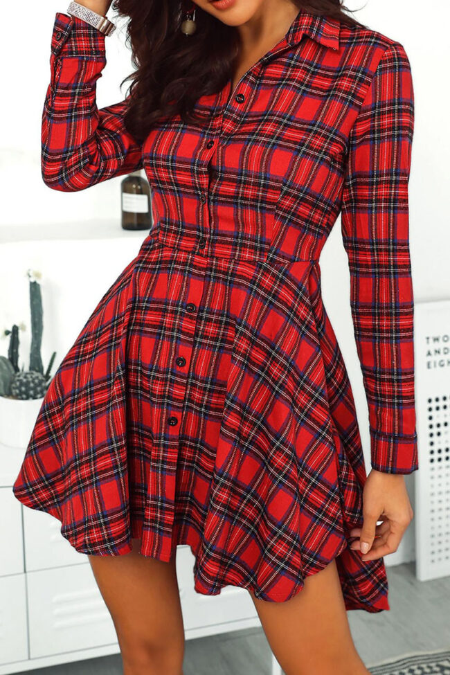 Street Plaid Split Joint Turndown Collar Irregular Dresses