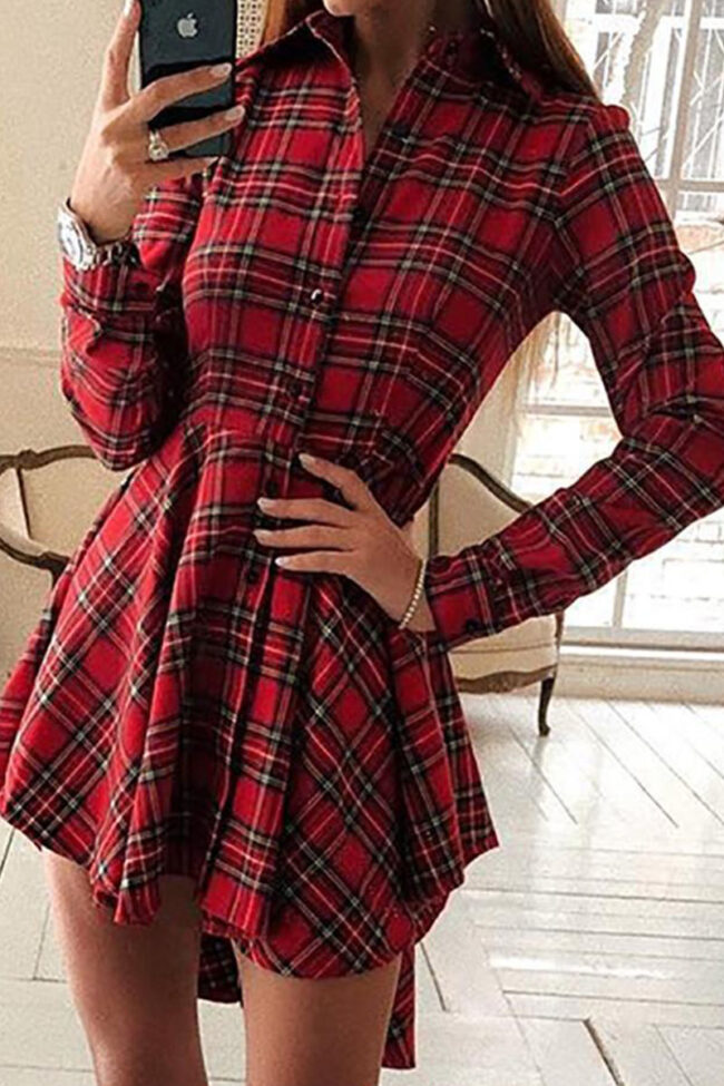 Street Plaid Split Joint Turndown Collar Irregular Dresses