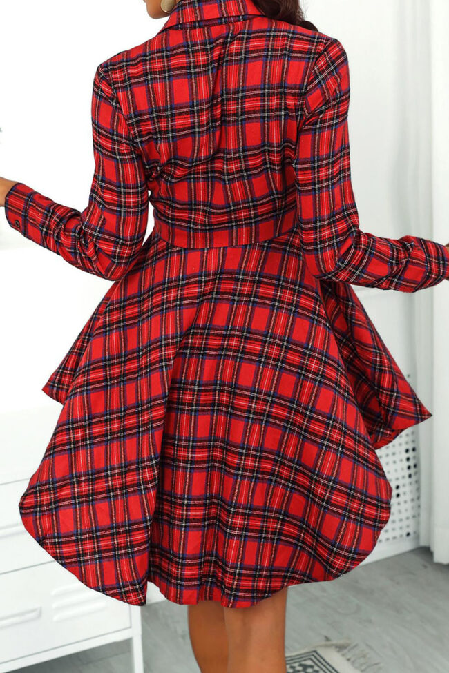 Street Plaid Split Joint Turndown Collar Irregular Dresses