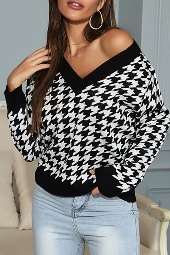 Fashion Street Print Split Joint V Neck Tops