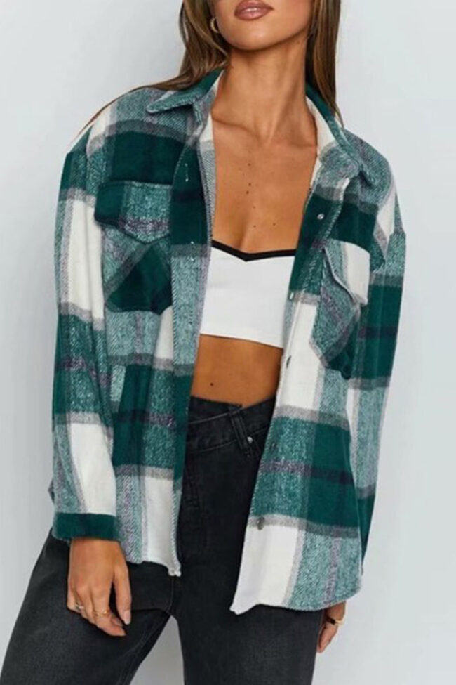 Fashion Street Plaid Split Joint Turndown Collar Tops