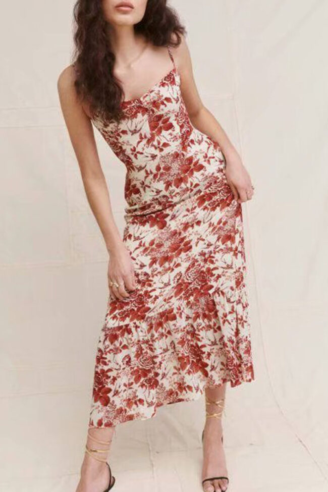 Fashion Street Print Split Joint Spaghetti Strap A Line Dresses