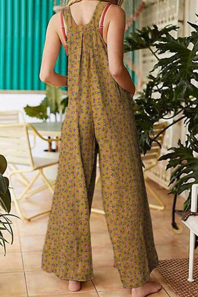 Fashion Street Print Split Joint Spaghetti Strap Loose Jumpsuits