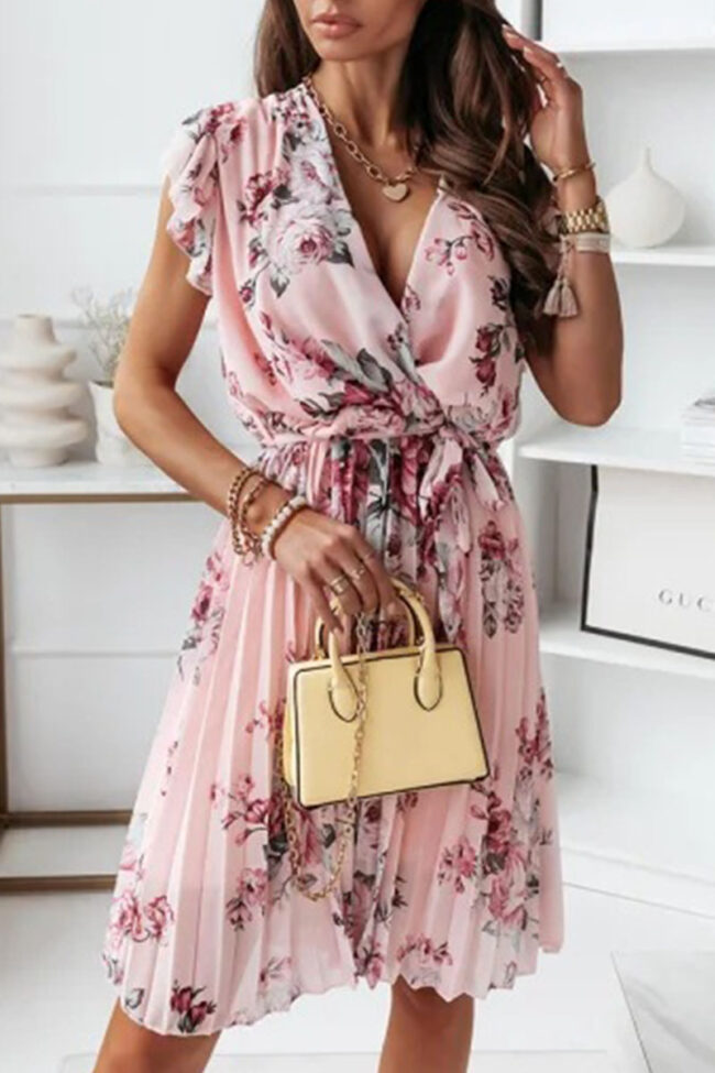 Fashion Sweet Print Split Joint V Neck Pleated Dresses