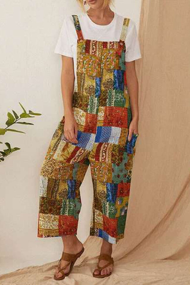 Fashion Street Print Split Joint Spaghetti Strap Loose Jumpsuits