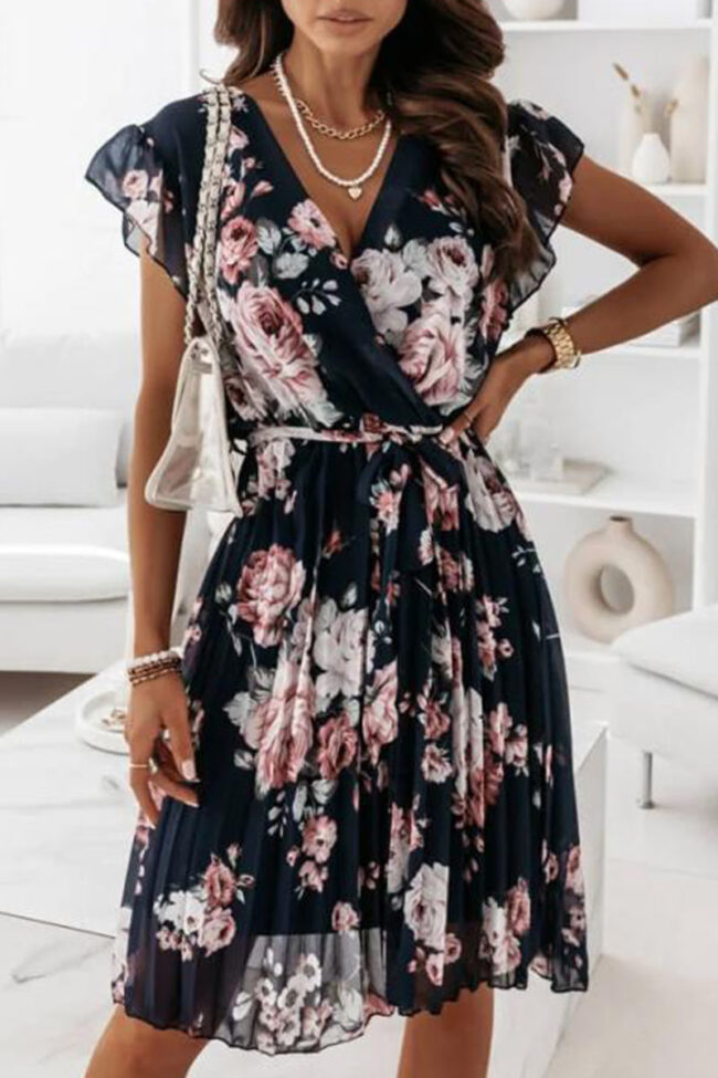 Fashion Sweet Print Split Joint V Neck Pleated Dresses