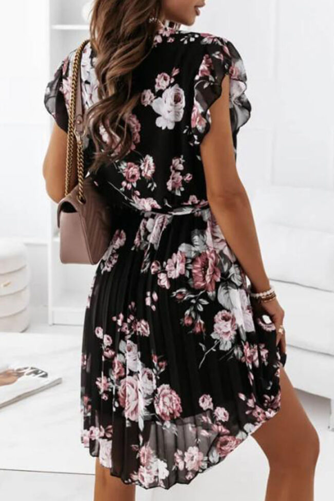 Fashion Sweet Print Split Joint V Neck Pleated Dresses