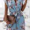 Fashion Sweet Print Split Joint V Neck Pleated Dresses