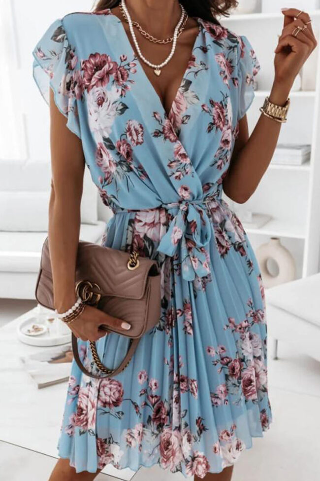 Fashion Sweet Print Split Joint V Neck Pleated Dresses