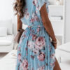 Fashion Sweet Print Split Joint V Neck Pleated Dresses